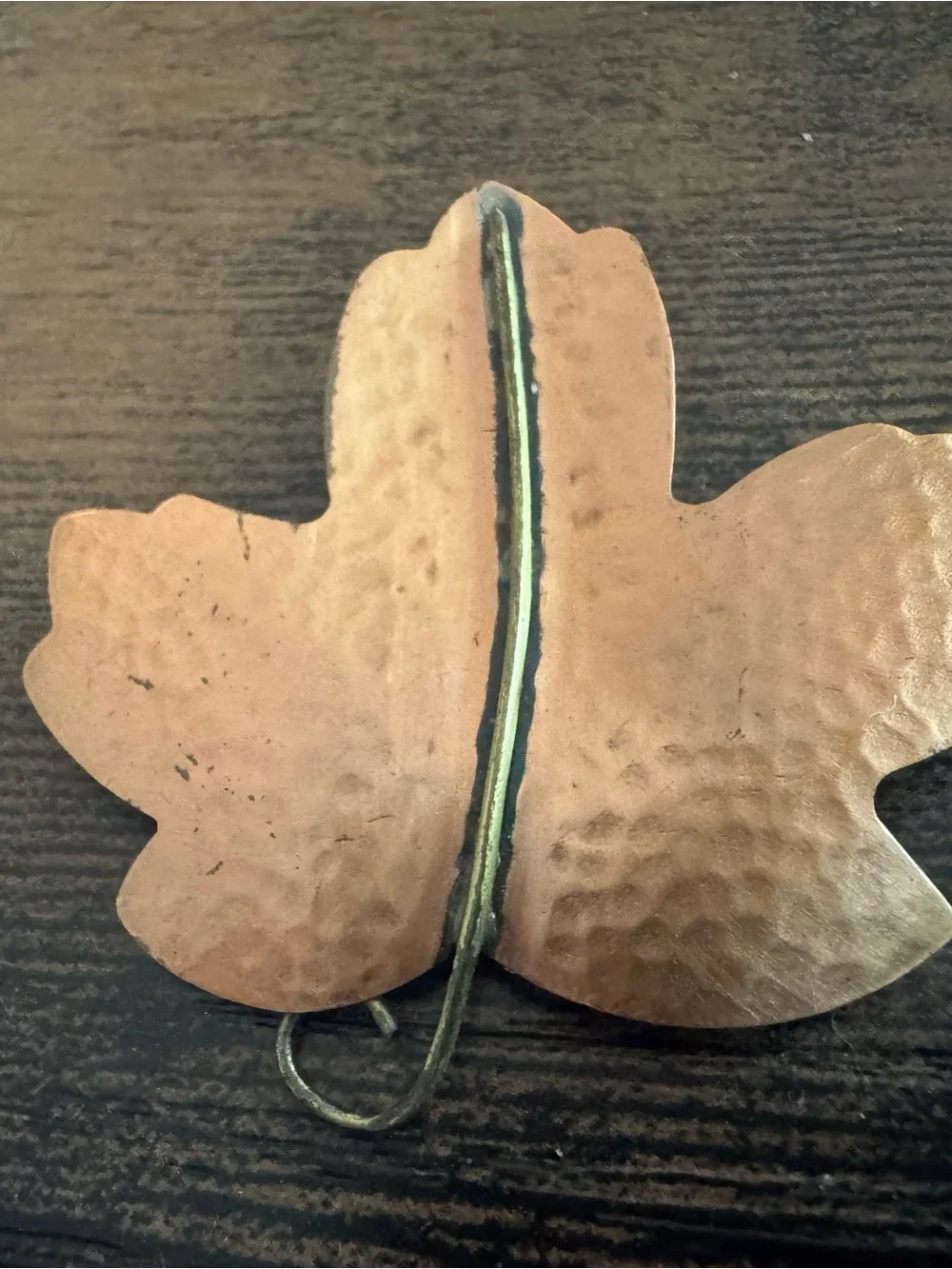 Vintage Hallmark Hammered Copper Tone Leaf Brooch with Dark Central Stripe, Fall
